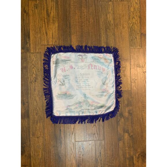 Vintage WW2 U.S. Navy Sweetheart Souvenir Satin Fringe Pillowcase - Blue Sister - Picture 7 of 11